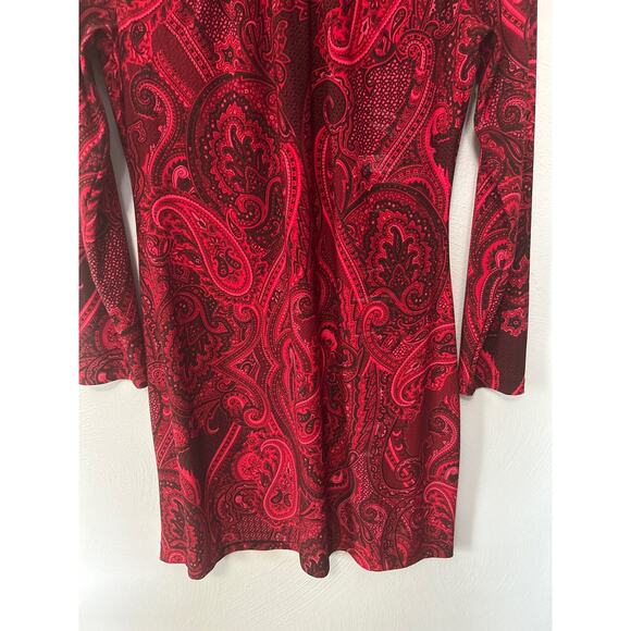 Tommy Hilfiger Red Black Paisley Long Sleeve Keyhole Back Shift Dress Size 8 - Picture 3 of 10